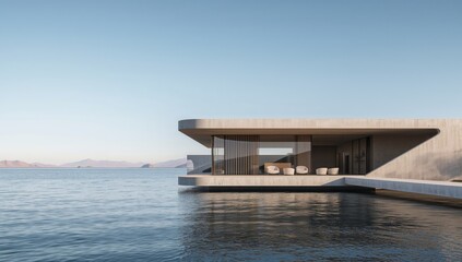 Architectural Abstraction. Concrete Forms Meet Calm Waters and Distant Peaks.