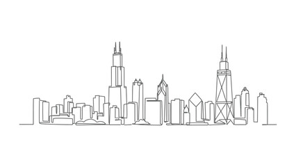 Fototapeta premium Chicago Cityscape: a minimalist single-line illustration captures the essence of a sprawling cityscape, showcasing iconic structures and a dynamic skyline.