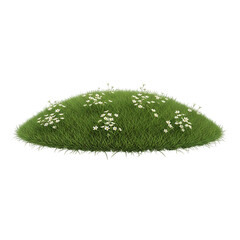 Lush green grassy mound, with small white wildflowers, isolated on white or transparent background. PNG