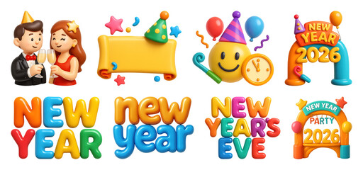 Fototapeta premium PNG Colorful New Year celebration graphics, element set on transparent background