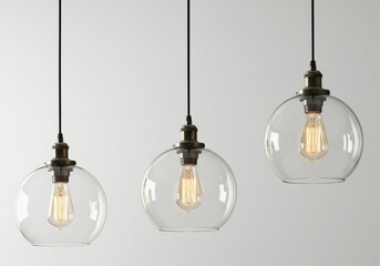 Three vintage style pendant lights with clear glass globes hang against a light background