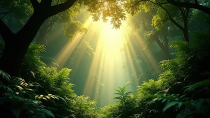 Sunlight piercing through ancient tree branches illuminating lush ferns in misty jungle canopy, concept of rainforest adventure, eco retreat, nature meditation
