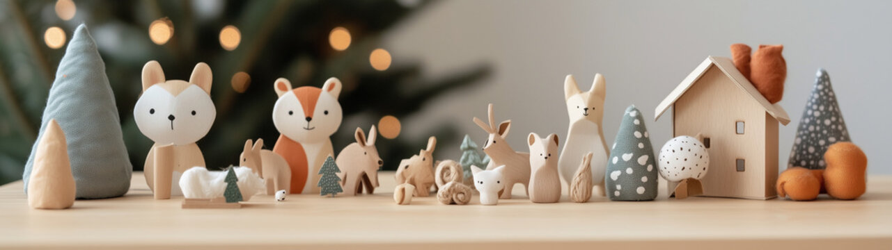 Toys made from recycled paper, fabric, and wood sit on a wooden table. A Christmas theme.