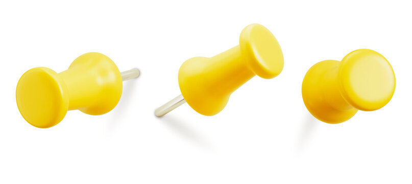 Set of yellow push pins. Thumbtacks ready for your design. Different angle view. Vector illustration isolated on white background