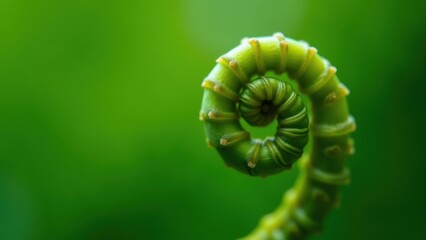Tight spiral fern frond unfurling with tiny spines in extreme closeup against blurred green backdrop, concept of plant growth, nature macro, botanical science