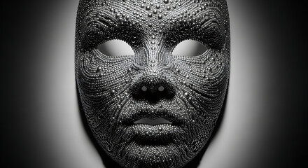 Intricate textured mask with surrealistic human face details and dramatic lighting