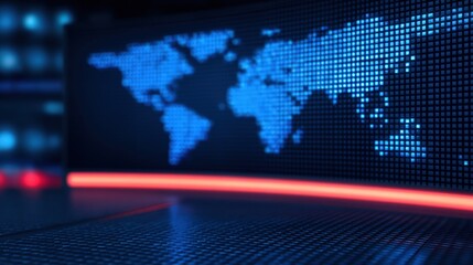 Breaking News Banner, Digital world map displayed on a screen with glowing accents.