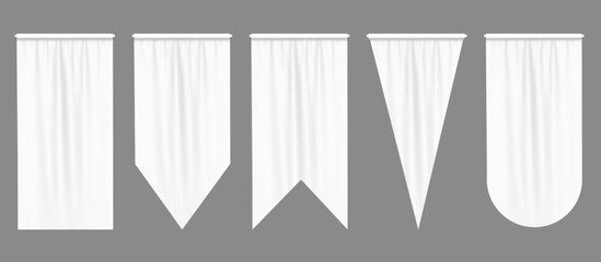 White pennant flags mockup, blank vertical banners on flagpole with rounded, straight, pointed and double edges. Isolated medieval heraldic empty ensign templates. Realistic 3d vector illustration set