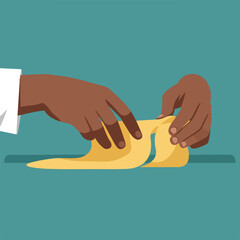 A person's dark hands shape a strip of dough with a white sleeve visible in the upper left corner