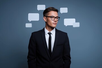 Young asian male in suit with glasses and speech bubbles on blue background
