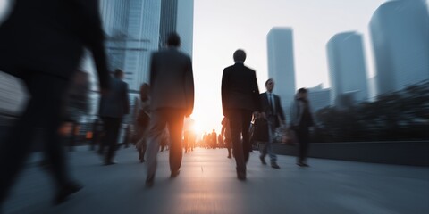 Blurred urban commute at sunset with diverse professionals
