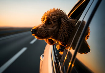 A joyful brown dog with curly fur leans out of a moving car window, bathed in warm golden hour light on an open road.