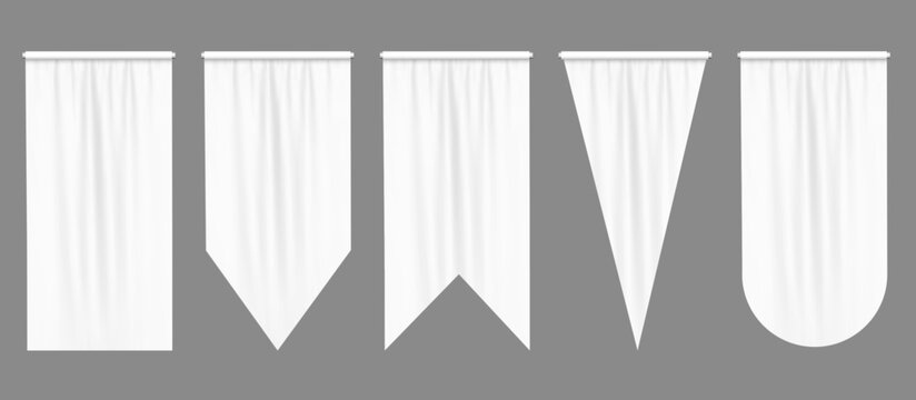 White pennant flags mockup, blank vertical banners on flagpole with rounded, straight, pointed and double edges. Isolated medieval heraldic empty ensign templates. Realistic 3d vector illustration set