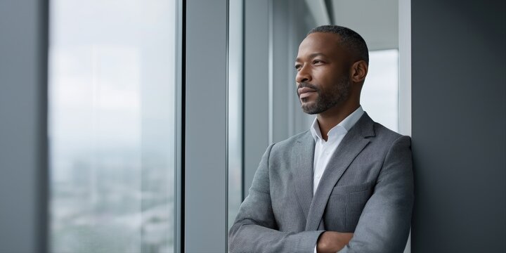 African male adult in gray suit looking thoughtfully out of large window - Powered by Adobe