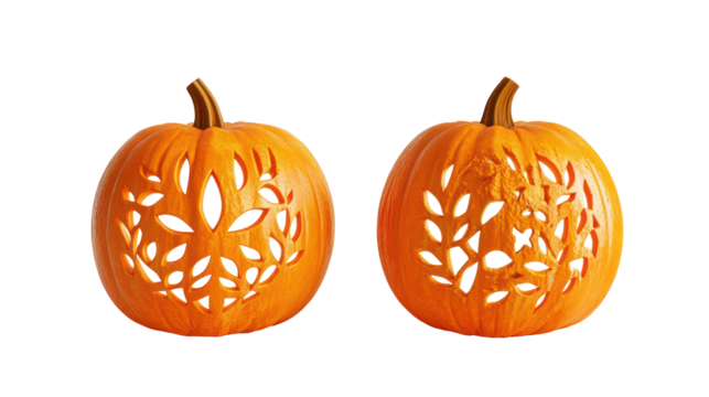 Two carved halloween pumpkins with intricate leaf patterns isolated on transparent background