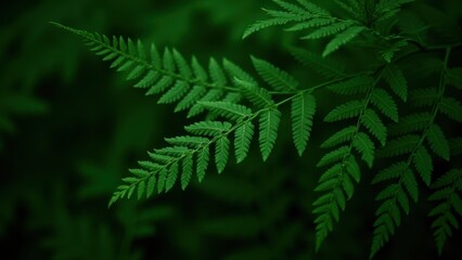 Delicate fern leaves branching in soft focus with intricate textures against dark blurred foliage, concept of nature serenity, botanical decor, wellness background