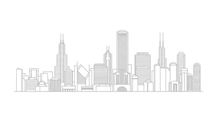 Naklejka premium Urban Skyline: An artistic linear representation of a city skyline, featuring a cluster of varied modern structures. the elegant simplicity of a modern metropolis.