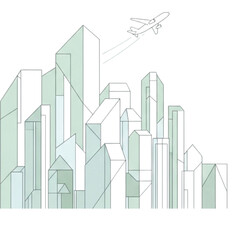 Abstract Cityscape with Airplane Flying Overhead illustration vector
