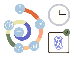 Colorful spiral with charts, percentages, clock, fingerprint, tick mark for data analysis, time management, security, progress tracking digital authentication productivity and planning. Simple