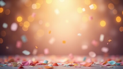 Colorful confetti falling gently over scattered pieces on dark surface under warm bokeh lights with copyspace, concept of birthday celebration, party decor, festive greetings