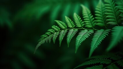 Delicate fern leaves branching in soft focus with intricate textures against dark blurred foliage, concept of nature serenity, botanical decor, wellness background