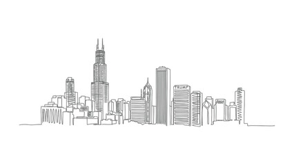 Fototapeta premium Urban Silhouette: A minimalist monochrome depiction of a bustling cityscape skyline. Focusing on the strong lines and the unique architecture of each building. 