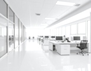 A blurred, modern office space with rows of desks and natural light