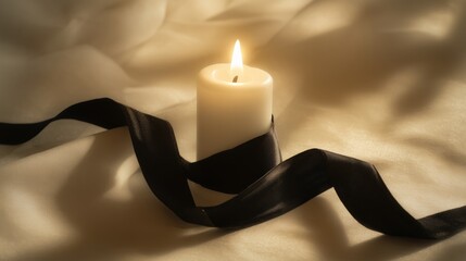 A white candle, gentle black mourning ribbon. funeral service, memorial, and obituary header full of respect for the departed.