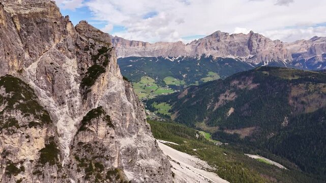 Beautiful Dolomites mountains Italy. Alta Badia, Alto Adige, Val Gardena in Dolomites Mountains. Gardena Pass in the Bolzano province. Dolomites. Sassongher Mountain peak Furcela de Ciampei 