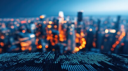 Breaking News Banner, Blurry city skyline with vibrant bokeh lights at dusk.