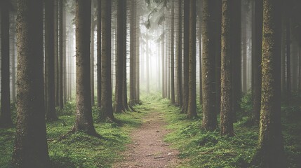 Obraz premium Morning mist forest ecological landscape, straight trunks forming natural corridor