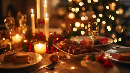 キャンドルが灯る暖かい食卓、ローストチキンとクリスマスツリー
