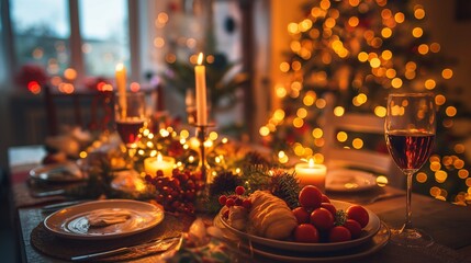 クリスマスツリーのボケと暖かい食卓、おうちクリスマス
