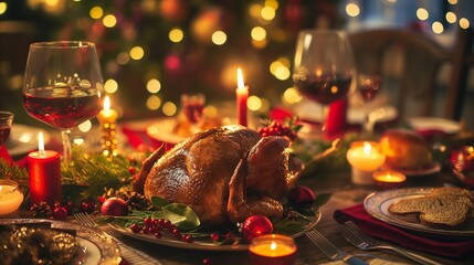 クリスマスのごちそう、七面鳥の丸焼きと赤ワインのグラス