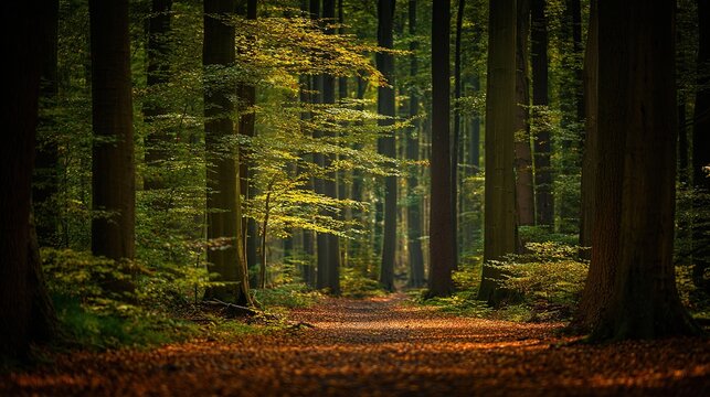Narrow forest path covered with autumn leaves winding through trees, dappled sunlight filtering through canopy