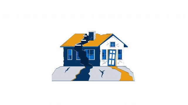 Earthquake damaged house doodle cartoon animation. Broken property. Quake zone. Cracked home split due to seismic disaster animated 2D object isolated on white background. 4K video motion graphic