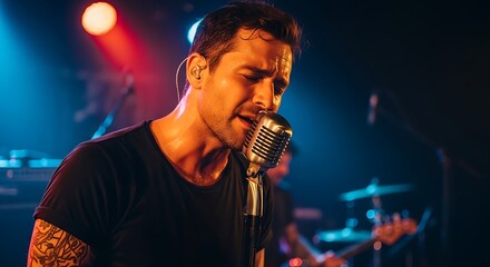 Passionate Male Singer Performing Live on Stage with Microphone and Stage Lights.