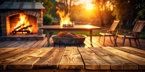 Golden Hour Relaxation Empty Wooden Table on Patio with Cozy Fireplace and Chairs