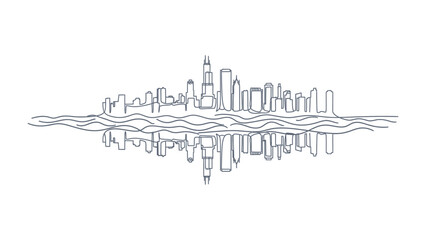 Naklejka premium Urban Echo: A minimalist line art illustration captures the essence of a cityscape mirroring in the water, a symbol of serenity and urban harmony.