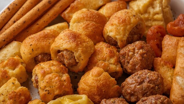 Golden Feast. A Still Life Composition of Baked and Fried Savory Delights, CloseUp. - Powered by Adobe