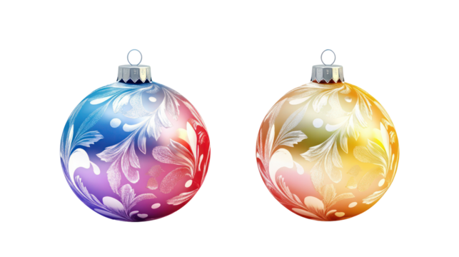 Two vintage oval christmas ornaments with colorful frosted designs isolated on transparent background