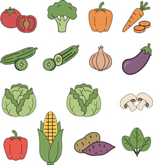 Collection of various fresh vegetable icons for healthy eating