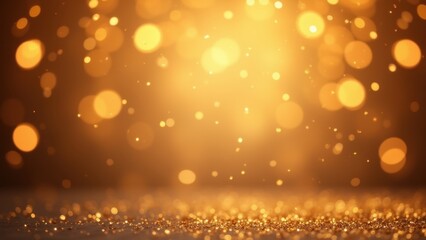 Golden glitter particles sparkling on dark surface under warm bokeh lights with copyspace, concept of luxury celebration, award ceremony, festive elegance