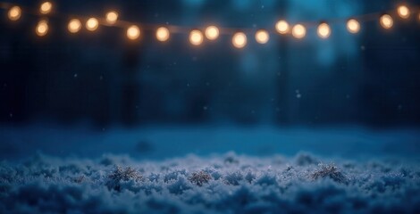 Magical winter night background with glowing string lights and snow. Festive Christmas holiday scene with bokeh effect and copy space