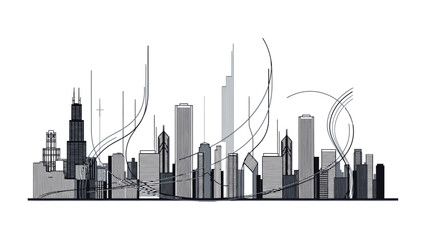 Urban Silhouette: An artistic, monochromatic cityscape, depicting a skyline of modern buildings and structures, showcasing architectural diversity and urban development.
