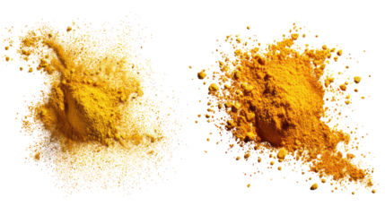 Two vibrant piles of yellow and orange spice powder isolated on transparent background