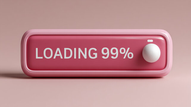 Pink 3D loading bar at 99% on a soft background. - Powered by Adobe