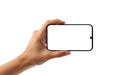 Hand holding a blank screen smartphone against a white background