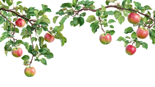 Ripe red apples hanging from a branch isolated on transparent background