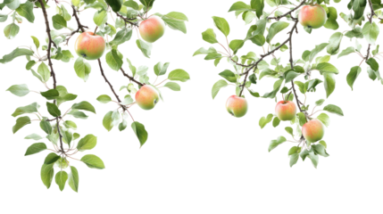 Ripe apples hanging from tree branches isolated on transparent background
